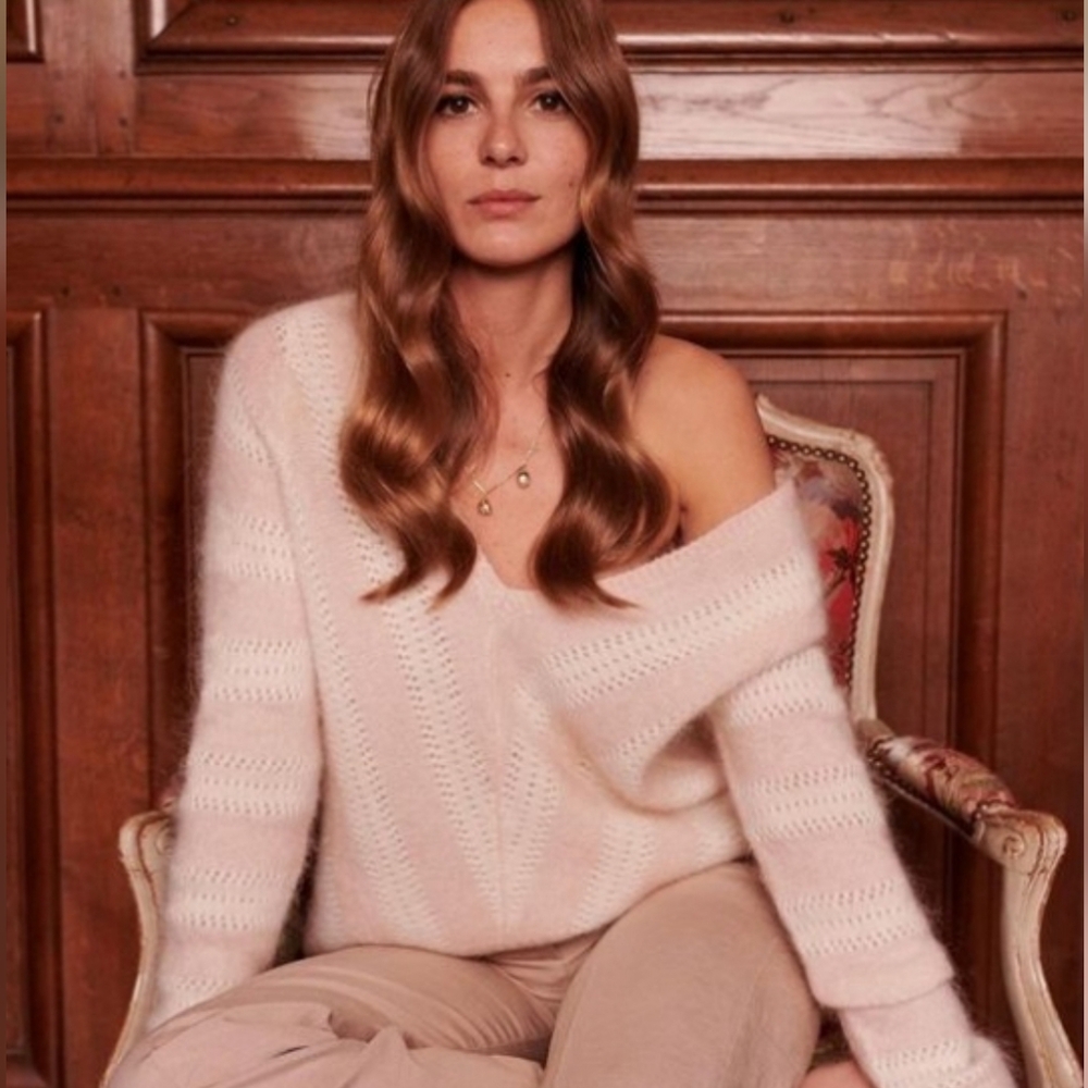 SÉZANE Ariel Ecru Nude Pink Fancy Chevron Knit V Neck Sweater S NWOT RARE